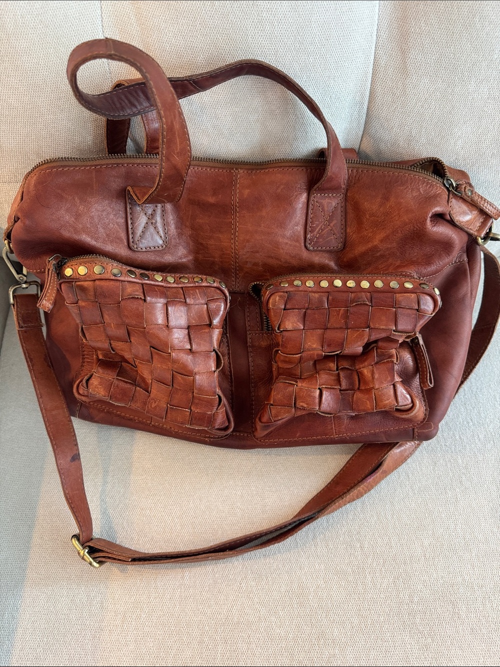 Woven Front Pocket Leather Shoulder Bag - Brown